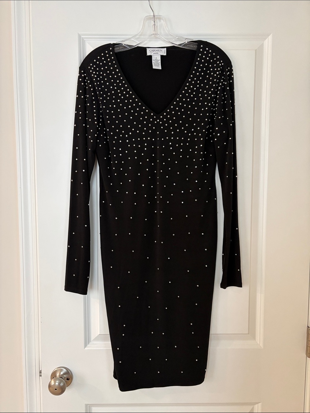 Carmen Marc Valvo Black Long-Sleeve V-Neck Studded Sheath Dress
